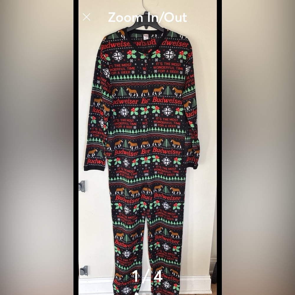 Adult Unisex Budweiser Xmas Clydesdale Horses One Piece Zip Pj's Pajamas Sz L